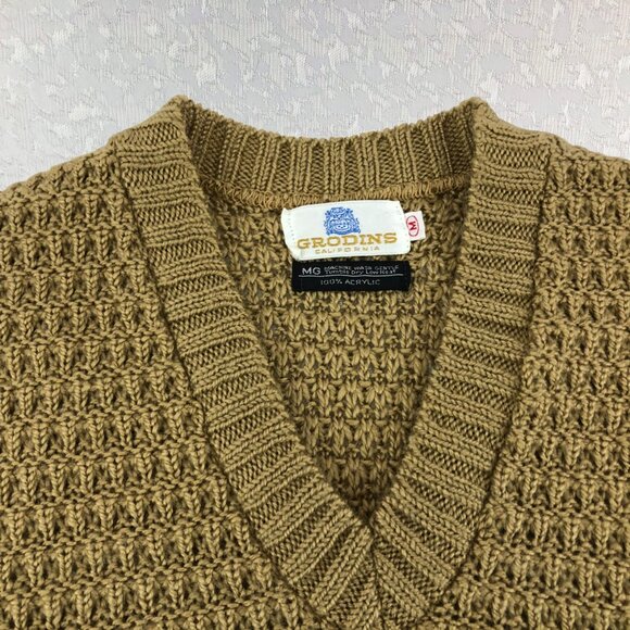 Grodins California Vintage Gold Knit Vest Unisex Preppy Retro V-Neck Pullover - Picture 3 of 8